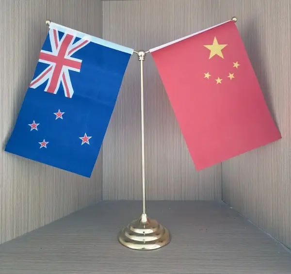New Zealand and China flags on a desk stand