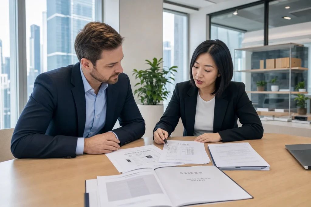 Business owner reviewing China trademark application and brand authorisation documents