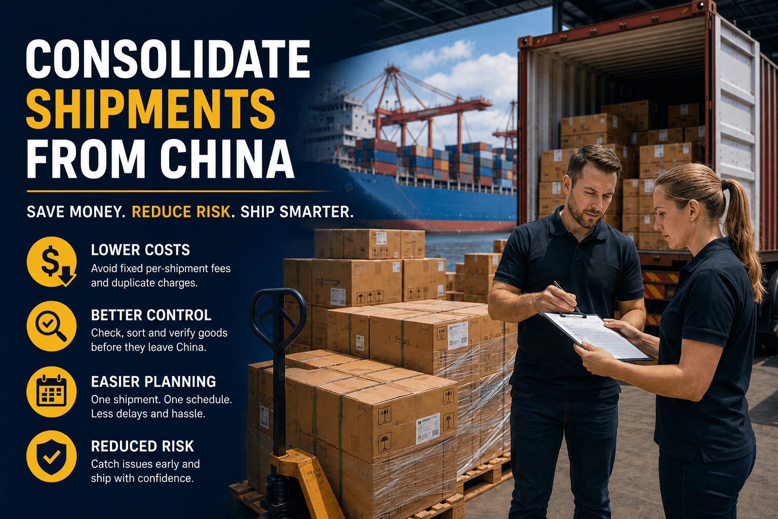 Team checking consolidated cartons and pallets before shipping from China