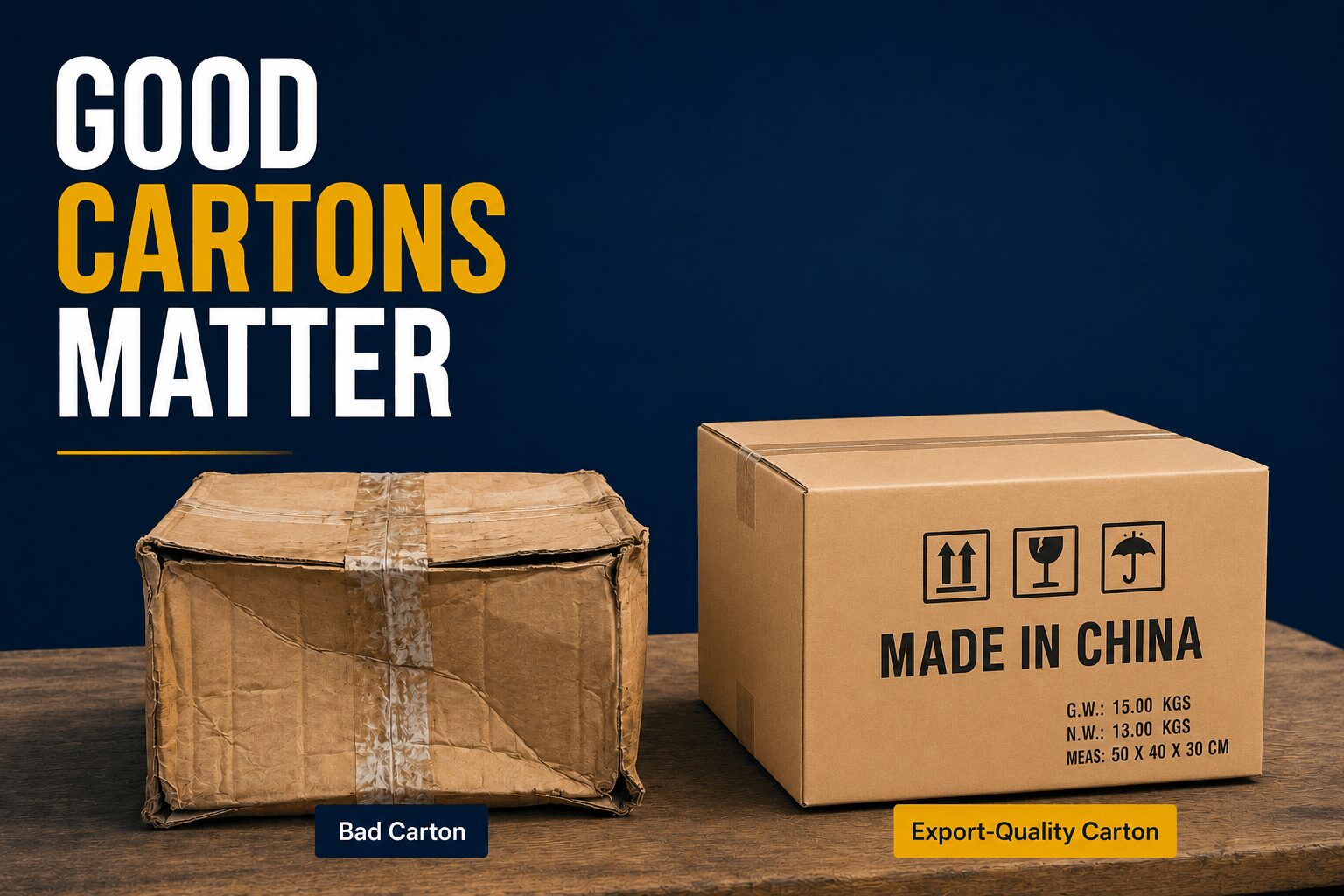 Good carton and damaged carton comparison in a China warehouse before export shipping