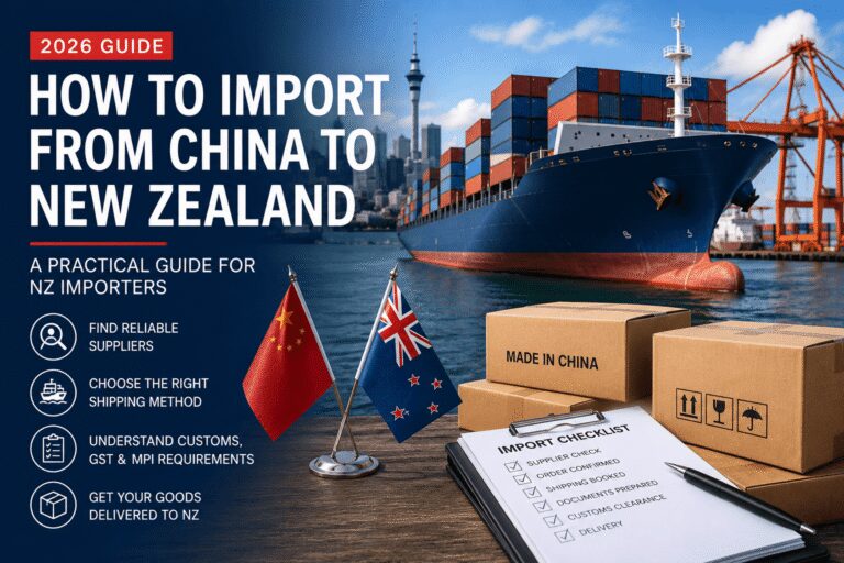 Container ship transporting goods from China to New Zealand for commercial importers.