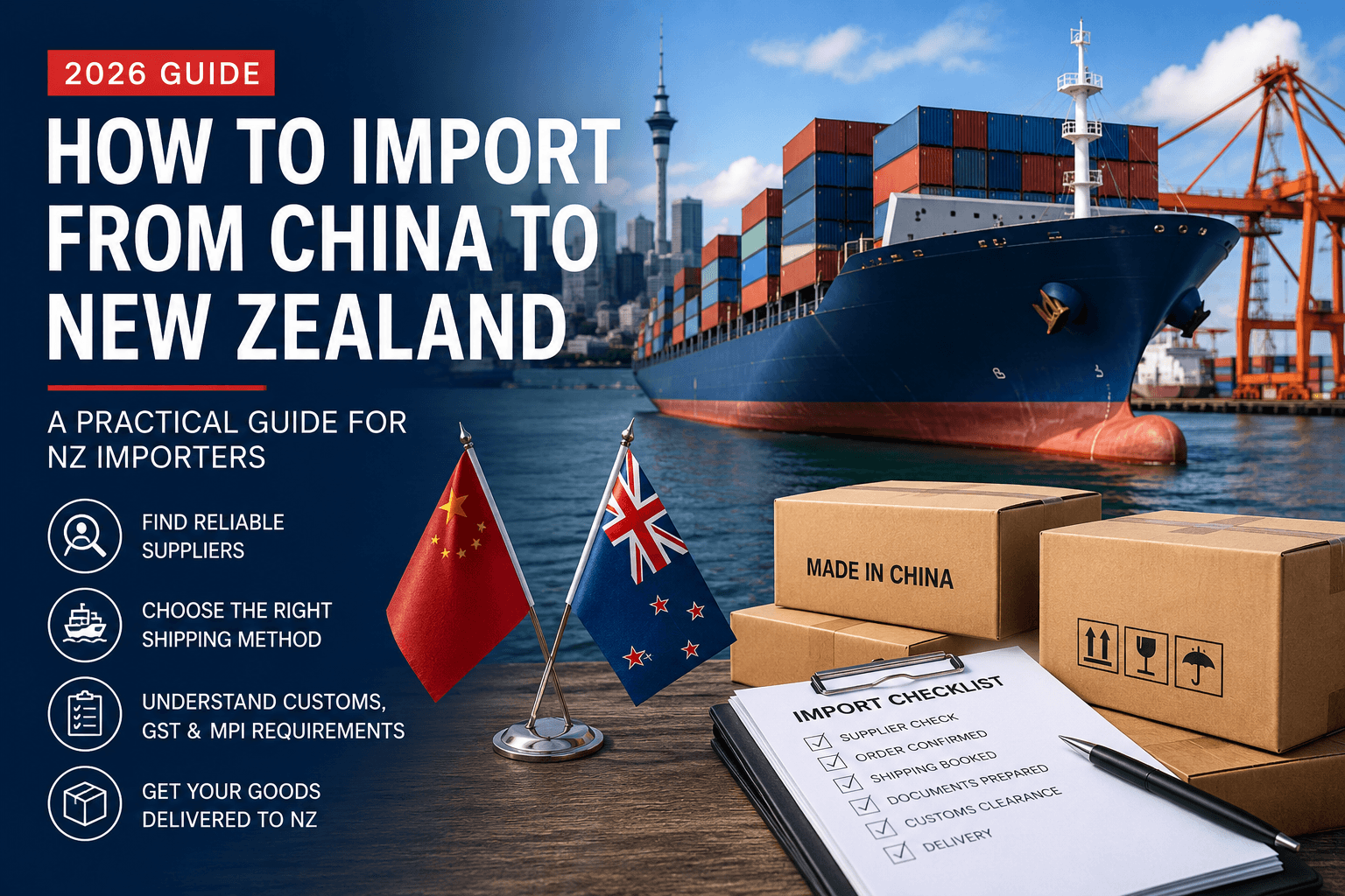 Container ship transporting goods from China to New Zealand for commercial importers.