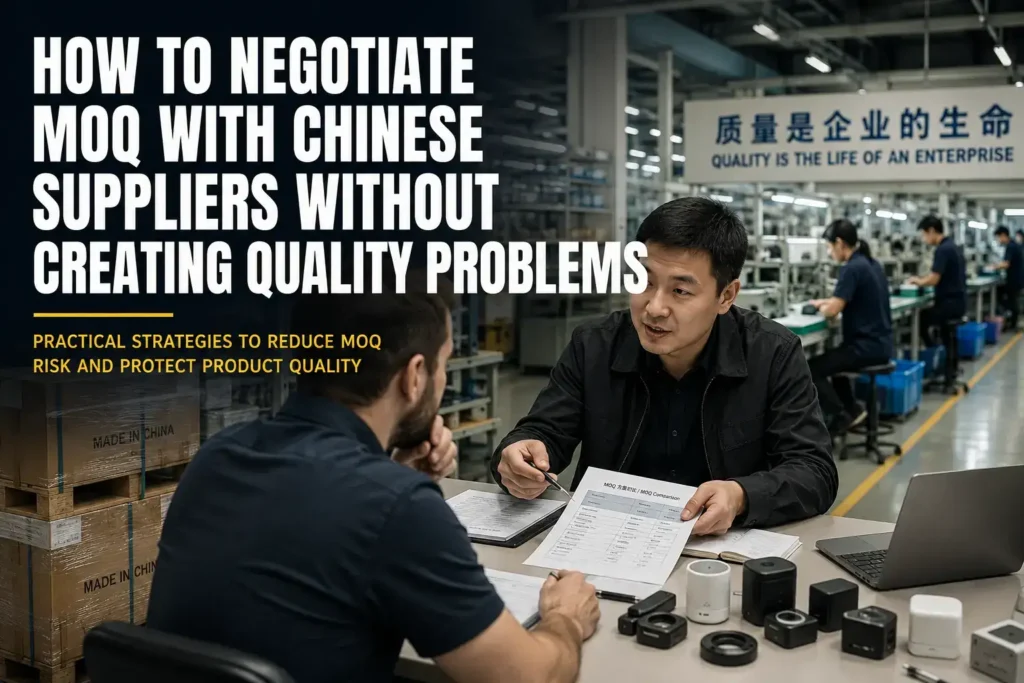 Two buyers negotiate MOQ with Chinese suppliers while reviewing a factory product sample