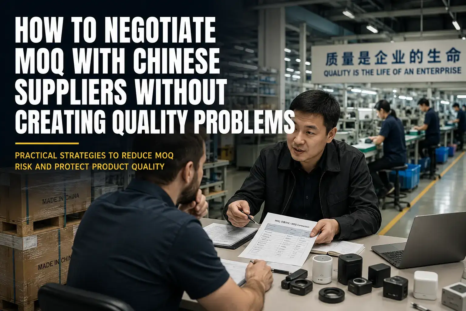 Two buyers negotiate MOQ with Chinese suppliers while reviewing a factory product sample