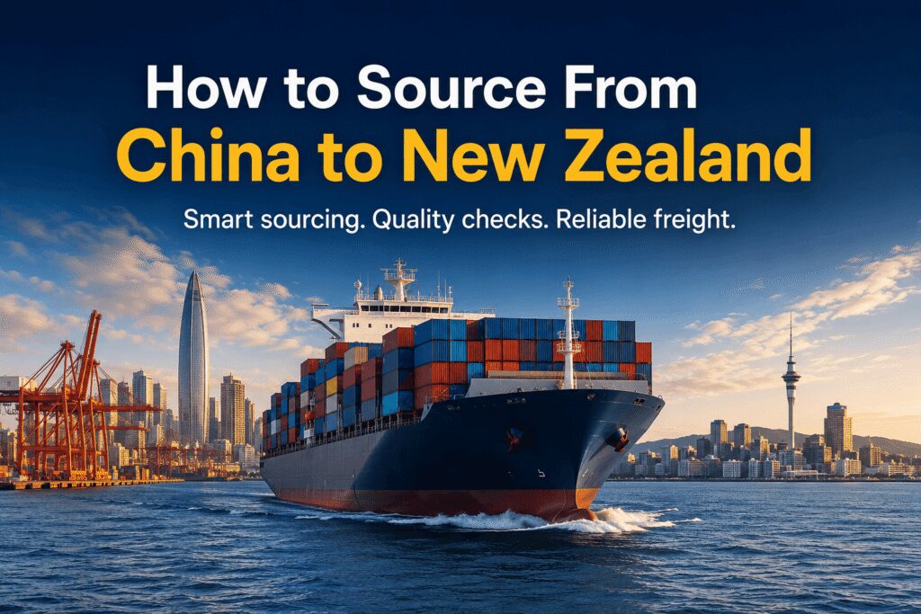 Container ship travelling from China to New Zealand, representing product sourcing, supplier checks, quality control and freight support for Kiwi importers.
