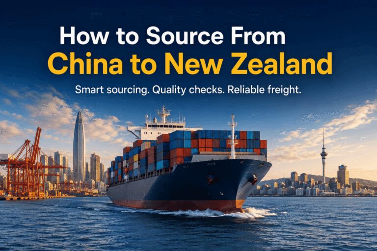 Container ship travelling from China to New Zealand, representing product sourcing, supplier checks, quality control and freight support for Kiwi importers.