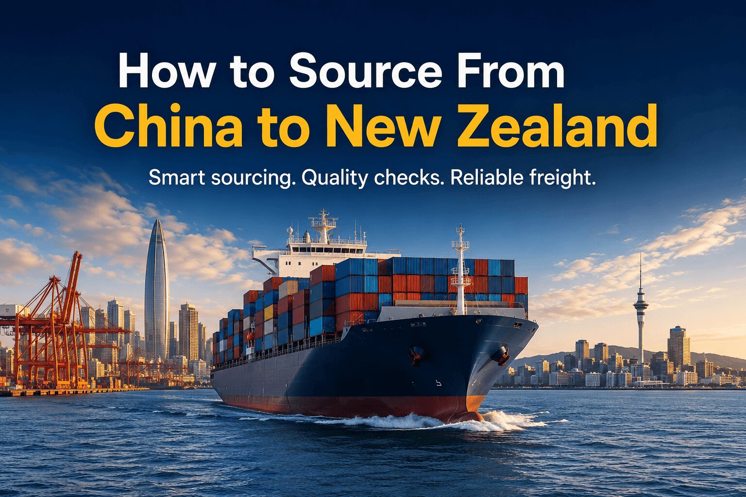 Container ship travelling from China to New Zealand, representing product sourcing, supplier checks, quality control and freight support for Kiwi importers.