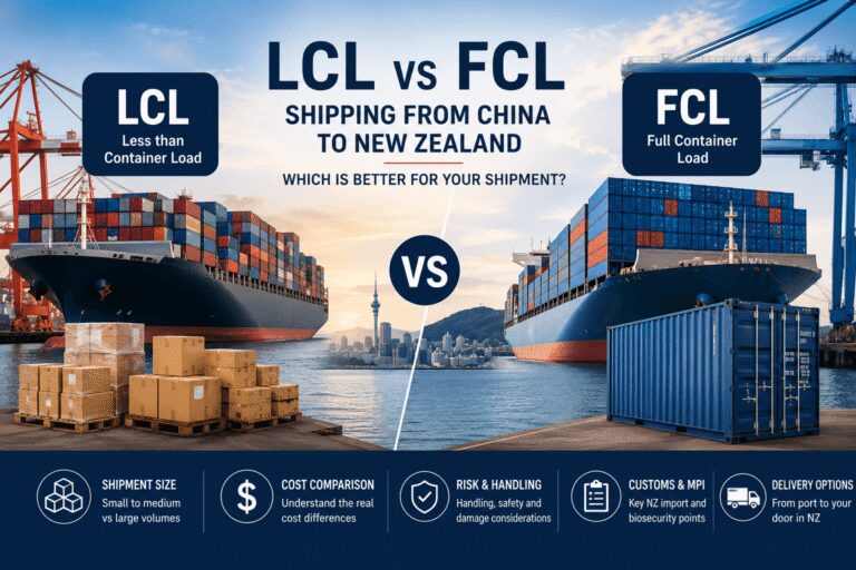 LCL vs FCL shipping from China to New Zealand with container ships, shared cargo, full container load, customs, MPI and delivery comparison for NZ importers.