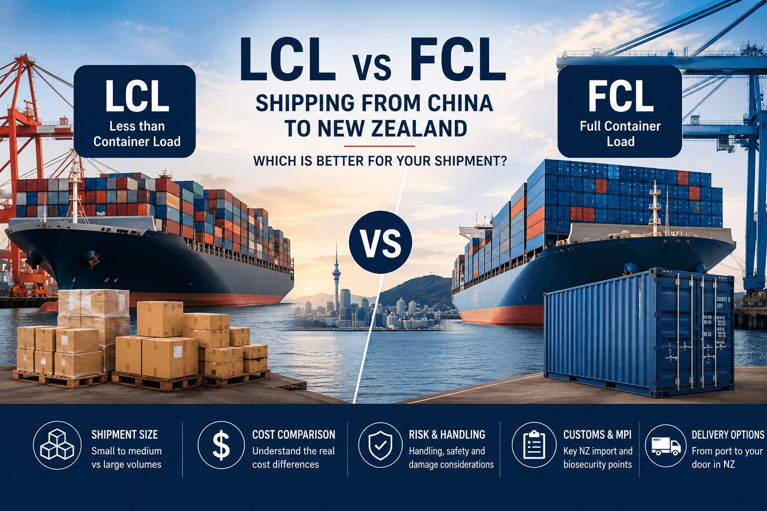 LCL vs FCL shipping from China to New Zealand with container ships, shared cargo, full container load, customs, MPI and delivery comparison for NZ importers.