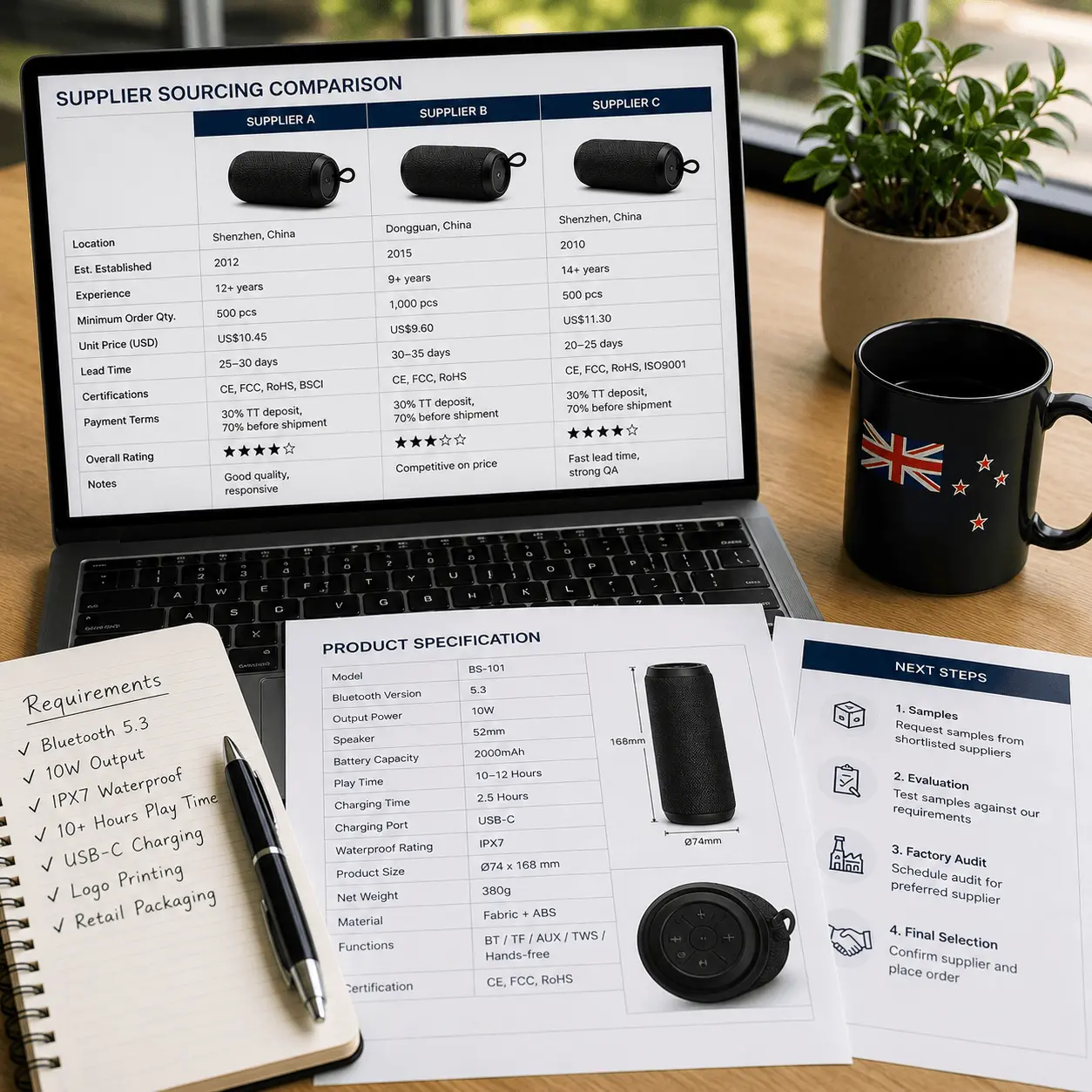 Supplier comparison and product specification review for a New Zealand importer sourcing from China