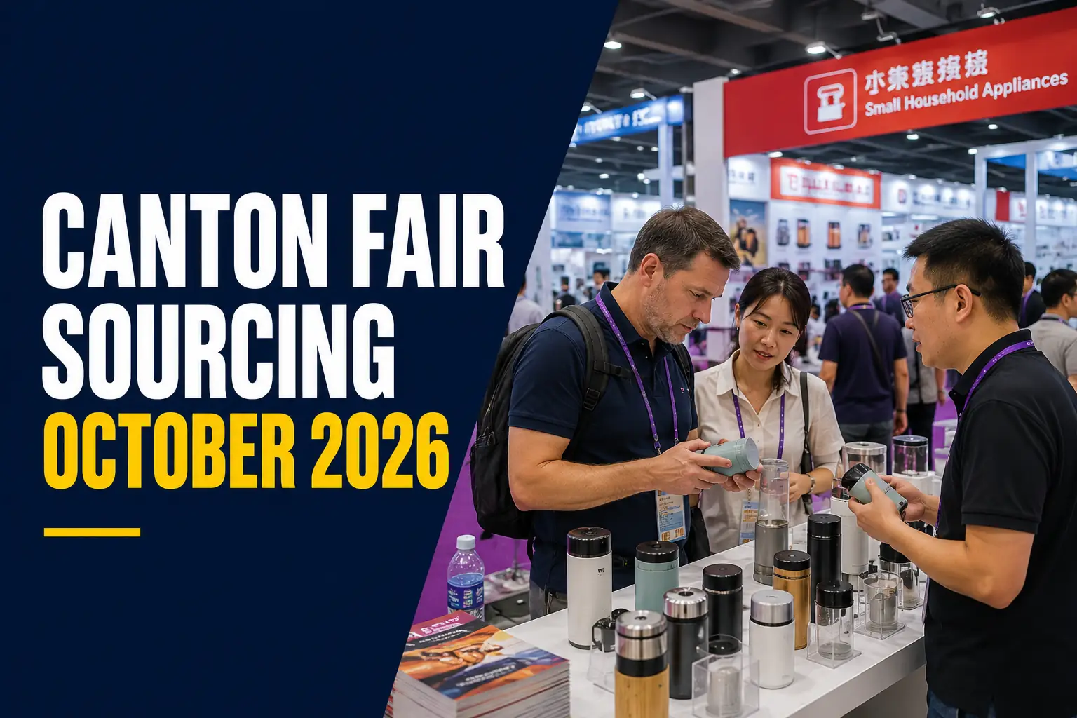 Canton Fair sourcing October 2026 buyer reviewing products with Chinese suppliers at a Guangzhou trade show