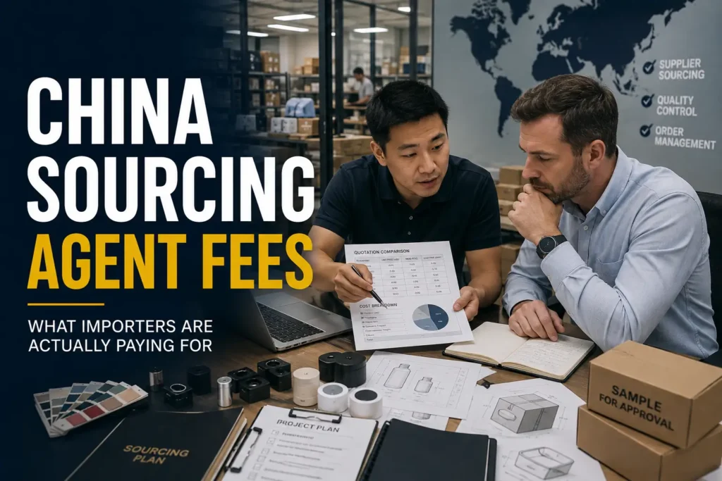 China sourcing agent fees with an importer and sourcing professional reviewing supplier costs