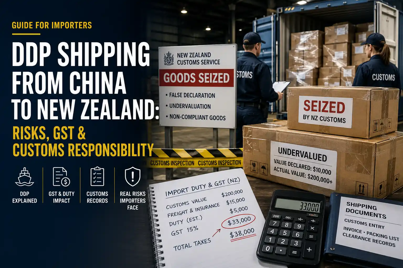 DDP shipping from China to New Zealand with container freight at an international port.