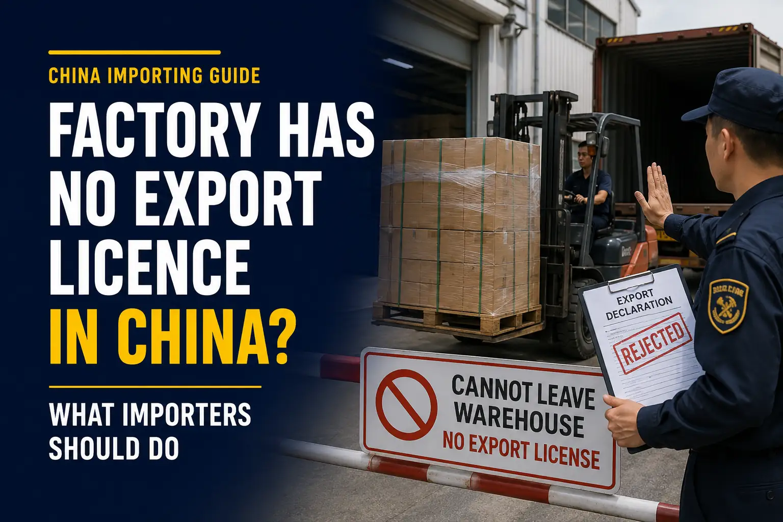 Factory has no export licence in China featured image showing goods blocked from leaving a warehouse