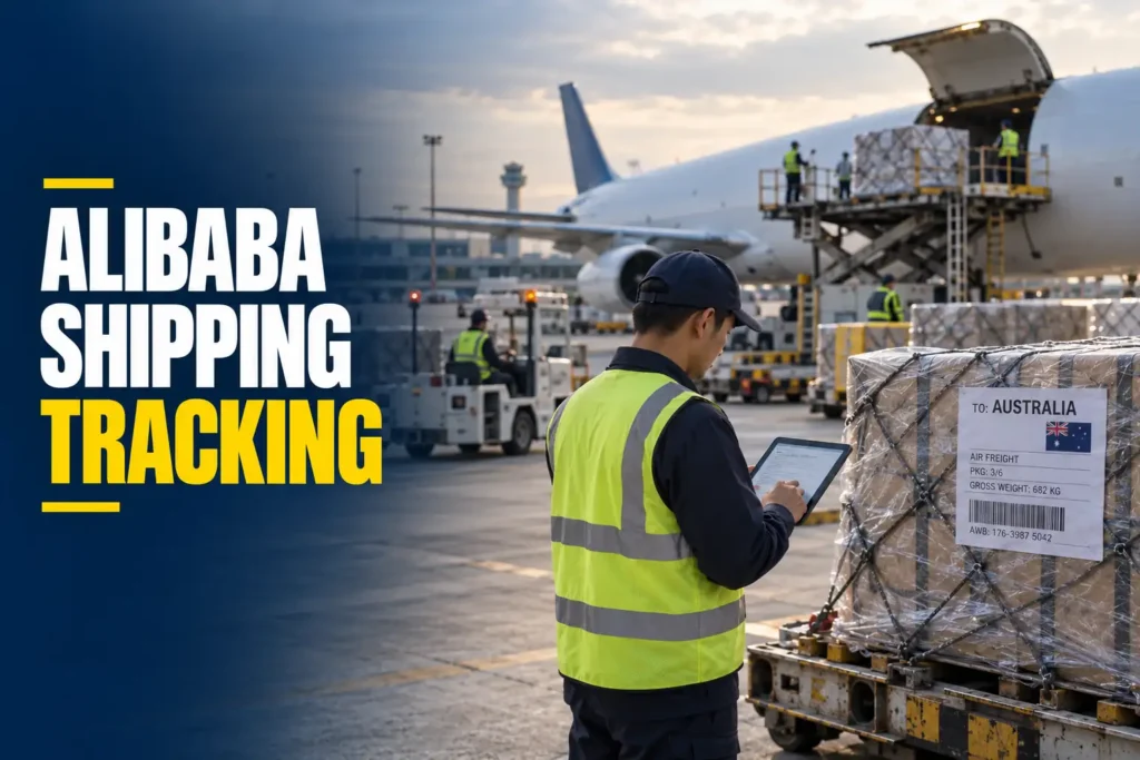Coordinator checking Alibaba shipping tracking stages beside labelled export cartons