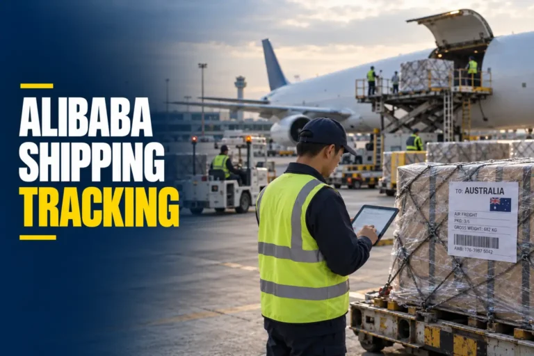 Coordinator checking Alibaba shipping tracking stages beside labelled export cartons