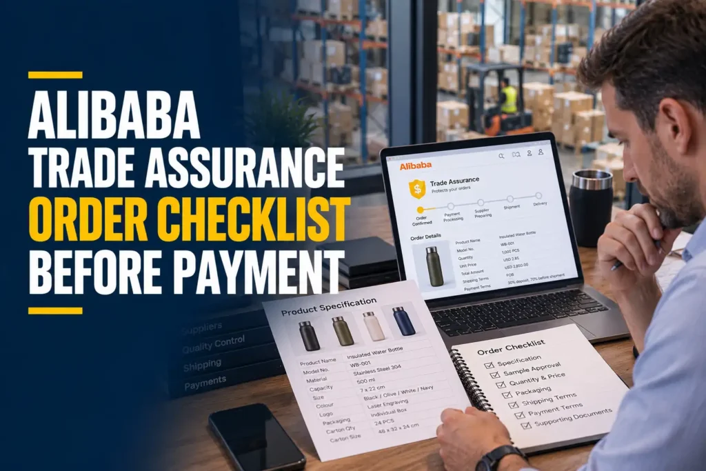 Buyer working through an Alibaba Trade Assurance order checklist beside a specification sheet