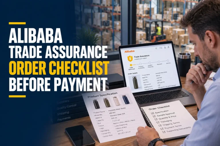 Buyer working through an Alibaba Trade Assurance order checklist beside a specification sheet