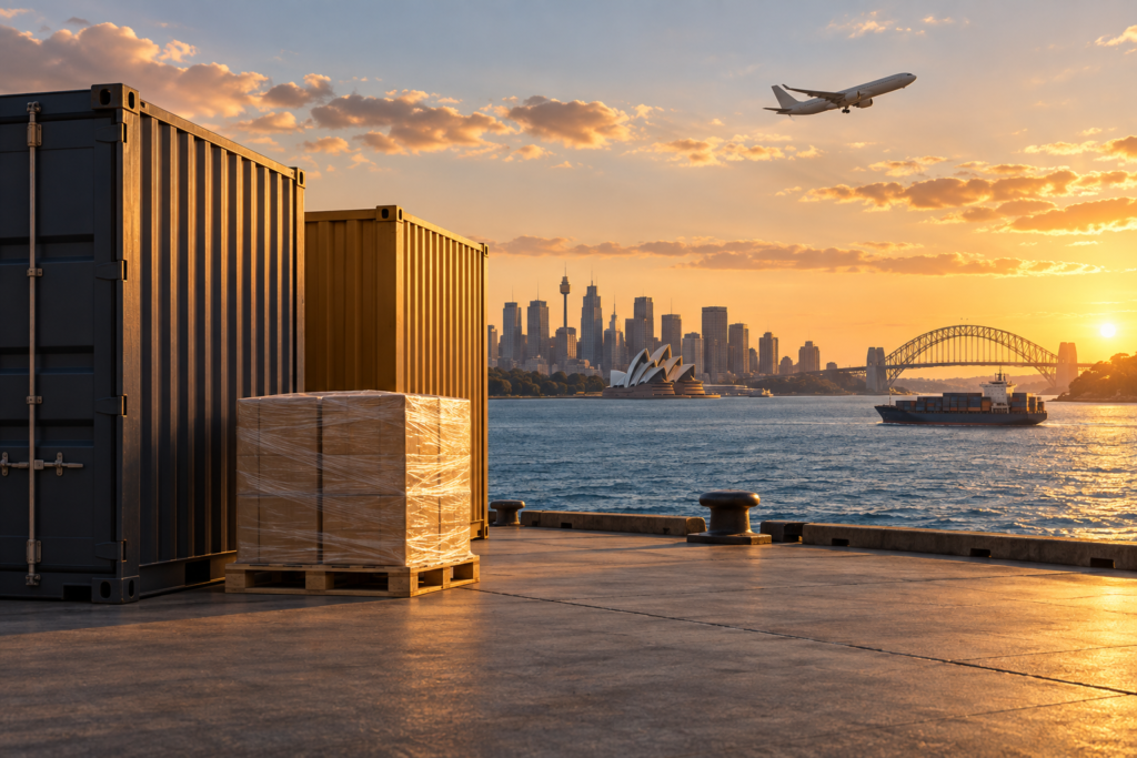Illustration combining containers, air transport and an Australian harbour skyline