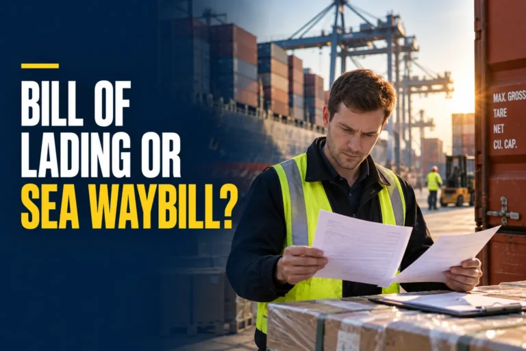 Freight professional comparing a bill of lading vs sea waybill beside cargo in a shipping office