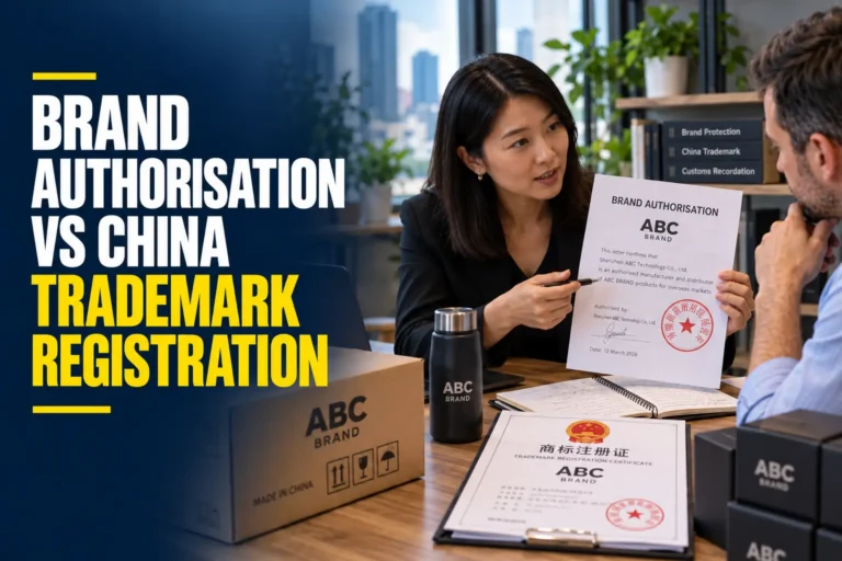 Adviser reviewing brand authorisation vs China trademark registration paperwork and packaging