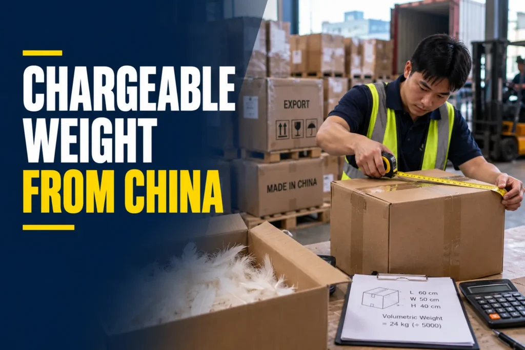 Warehouse worker measuring a sealed carton to work out chargeable weight for China freight