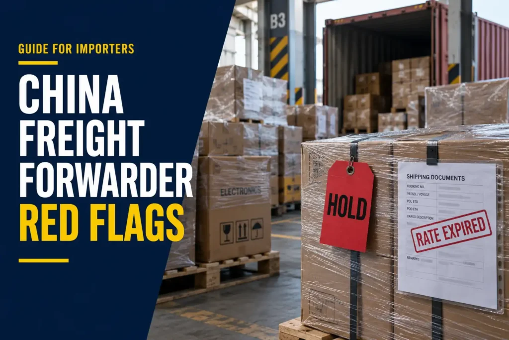 Logistics coordinator checking a booking beside export cargo, watching for China freight forwarder red flags