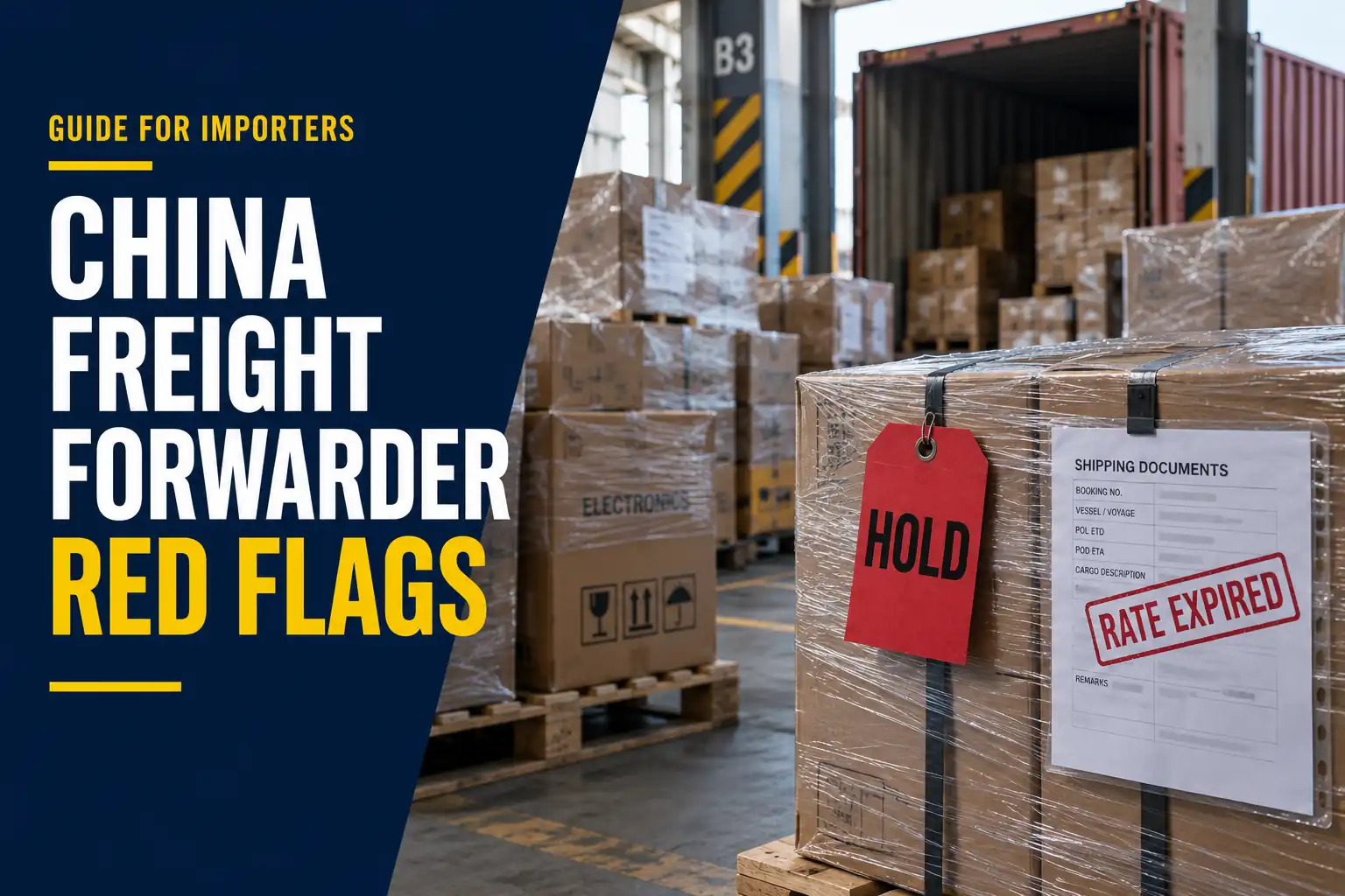 Logistics coordinator checking a booking beside export cargo, watching for China freight forwarder red flags