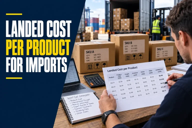 Importer reviewing product cartons and a worksheet showing landed cost per product