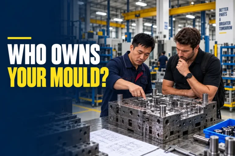 Buyer and supplier inspecting a steel injection mould while discussing mould ownership in China