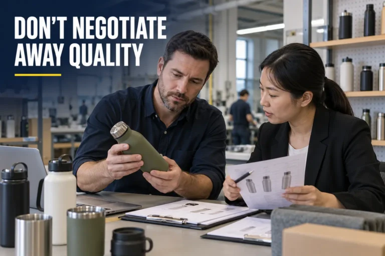 Overseas buyer and Chinese supplier reviewing samples and a quote during China supplier price negotiation