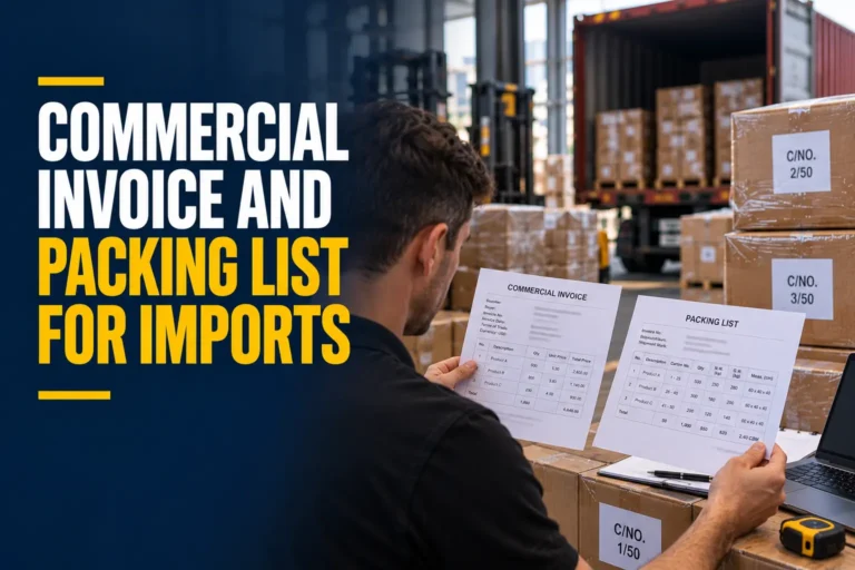Coordinator checking a commercial invoice and packing list for imports beside numbered cartons