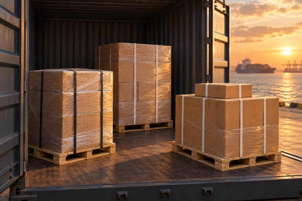 Illustration of separate palletised carton groups beside an open container