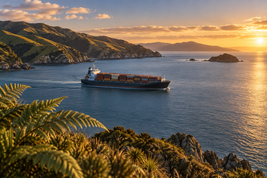 Illustration of a container ship, coastal hills and fern fronds