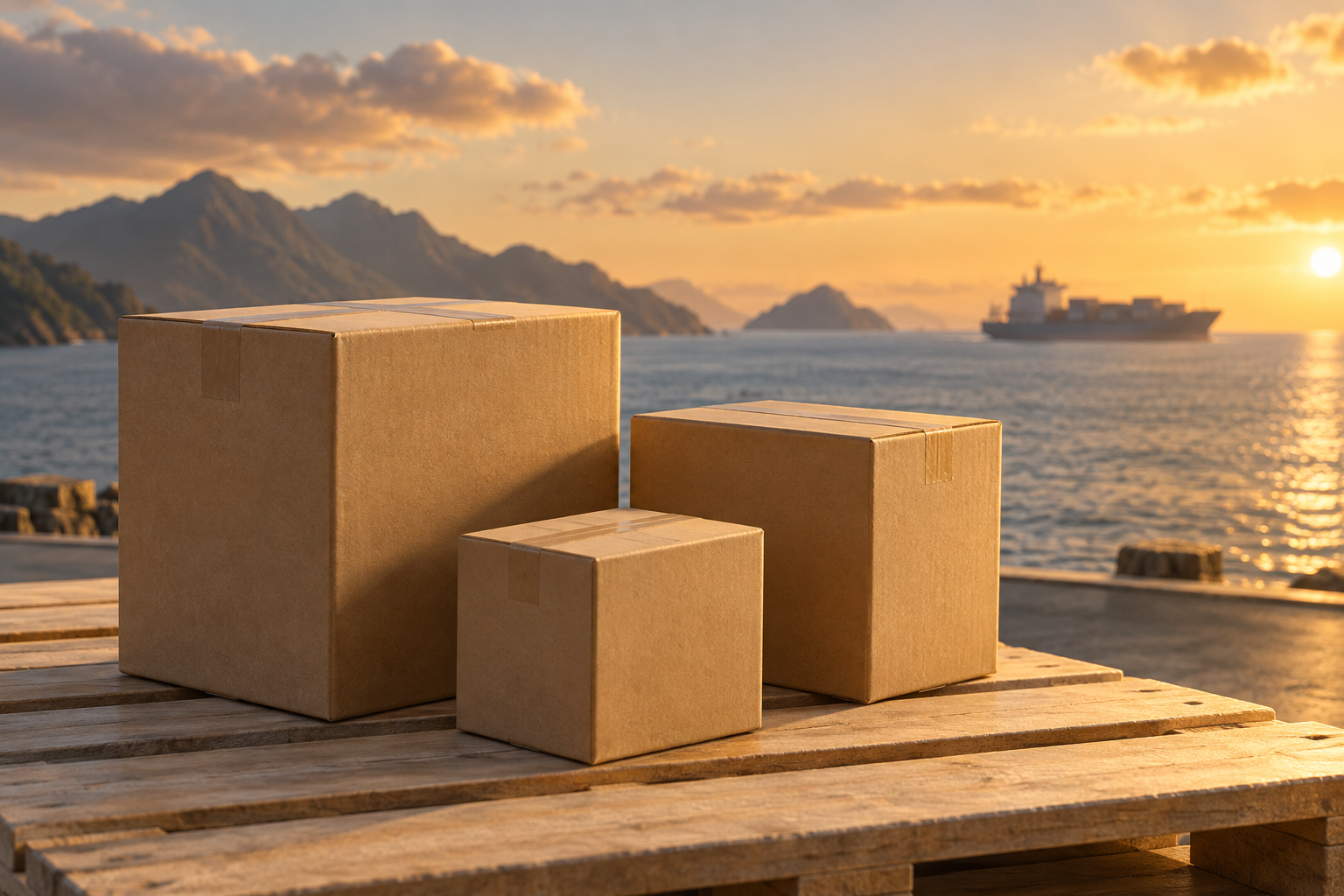 Illustration of small sealed cartons with a distant cargo ship