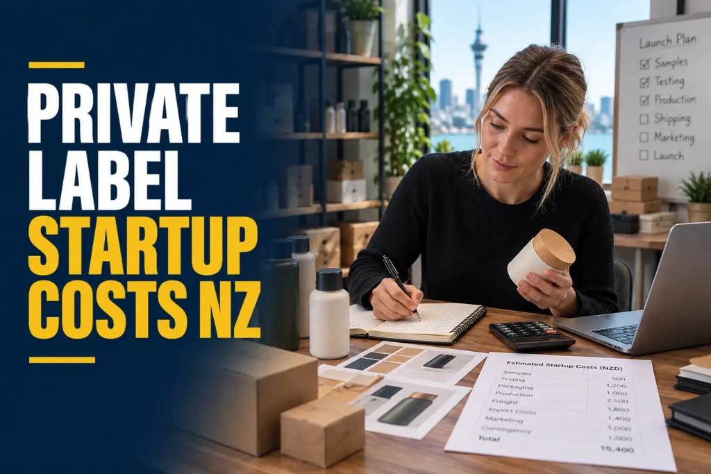 Founder reviewing product samples while budgeting private label startup costs