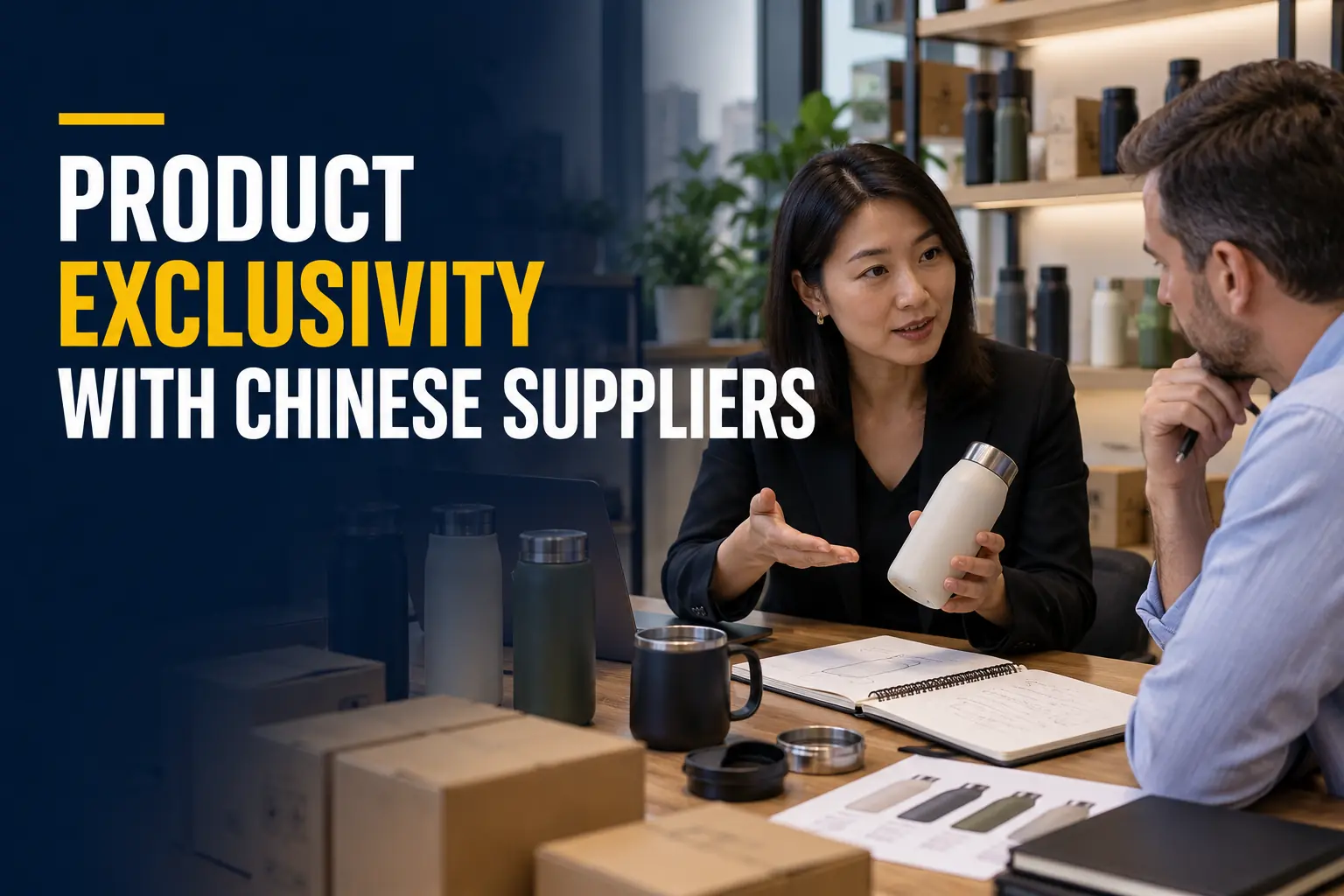Buyer reviewing product samples while negotiating product exclusivity with Chinese suppliers