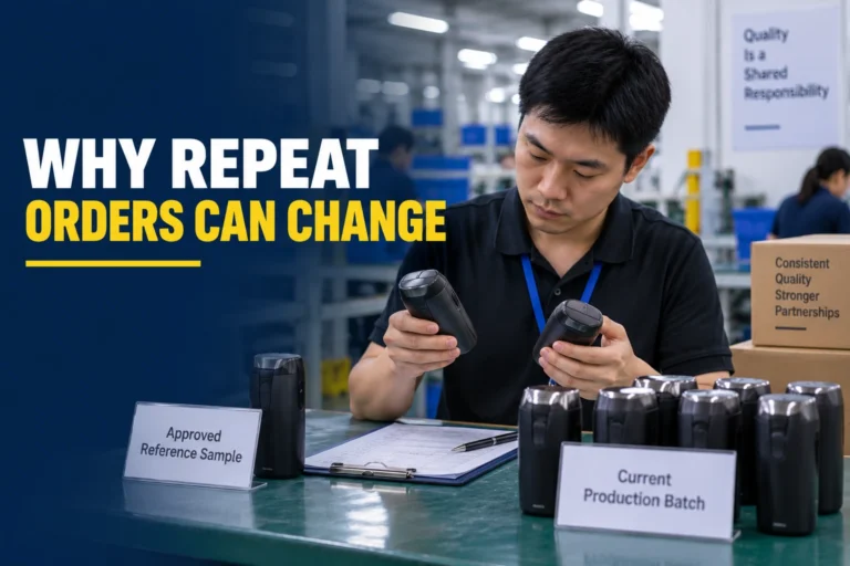 Inspector checking repeat order quality in China against the approved reference sample on a factory floor