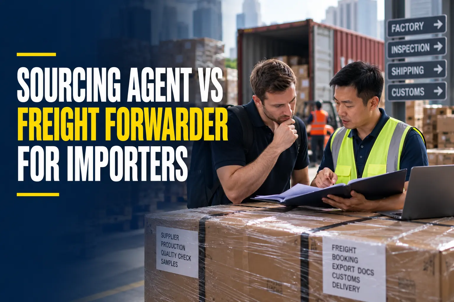 Buyer weighing sourcing agent vs freight forwarder options beside packed cargo