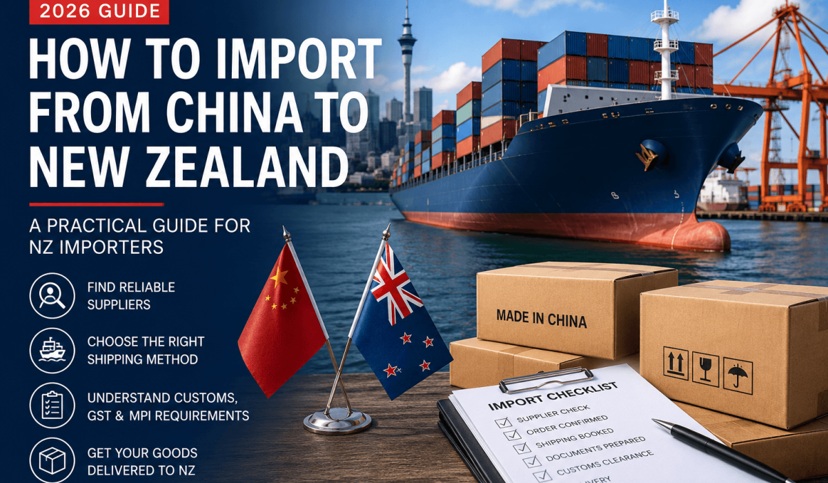Container ship transporting goods from China to New Zealand for commercial importers.