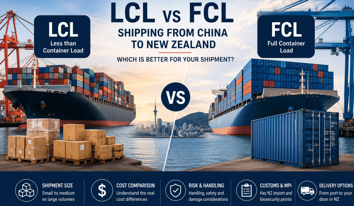 LCL vs FCL shipping from China to New Zealand with container ships, shared cargo, full container load, customs, MPI and delivery comparison for NZ importers.